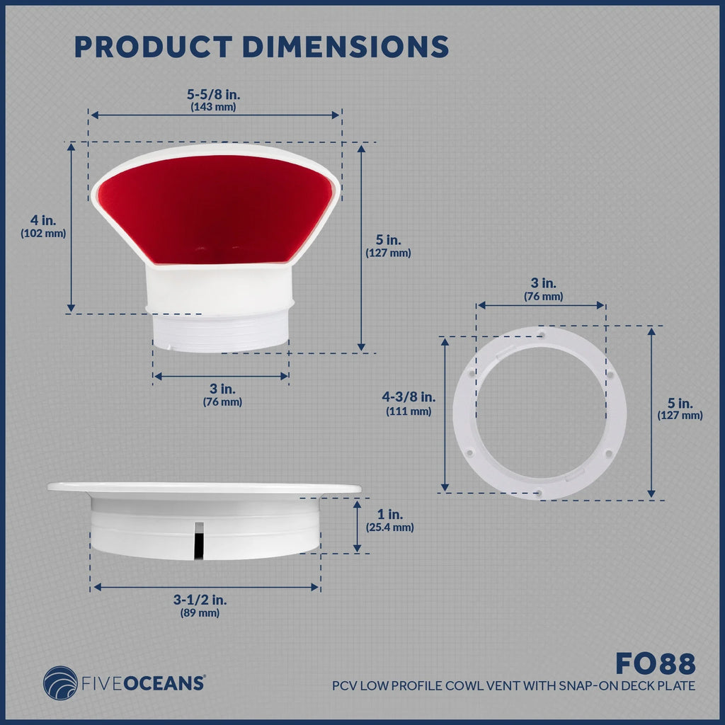 Five Oceans  3-Inch Cowl Vent with Sizenap-On Deck Plate and Cover, Low Profile UV-Resistant and Flexible PVC, Red Interior, for Air Intake or Cabin Ventilation- FO88