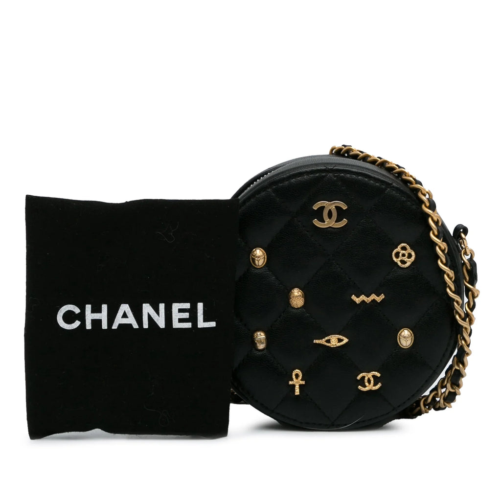 Pre-Owned Authenticated Chanel Lucky Charms Round Crossbody Bag Lambskin Leather Black Unisex (Good)