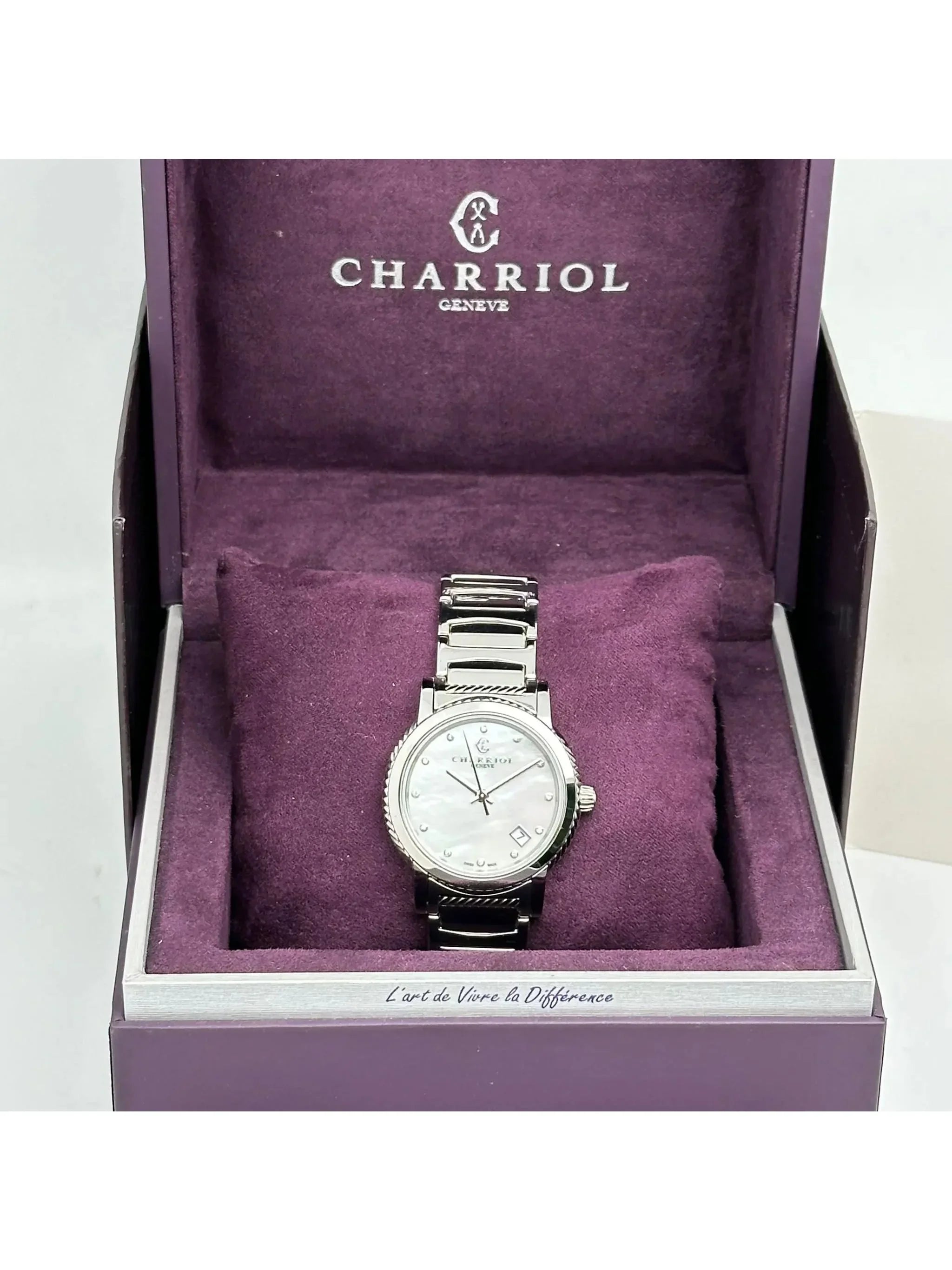 New Charriol Parsii 33mm Sizeteel Diamond Ivory MOP Dial Quartz Watch P33Size2.920.001