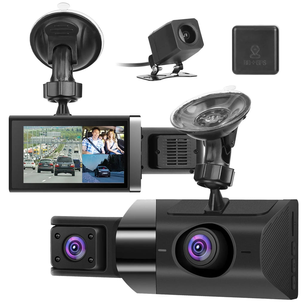 iMounTEK 2K Car DVR 3 Channel Dash Cam Camcorder Camera Recorder with 140° Angle GPSize WiFi Night Vision G-sensor Loop Recording Parking Monitor