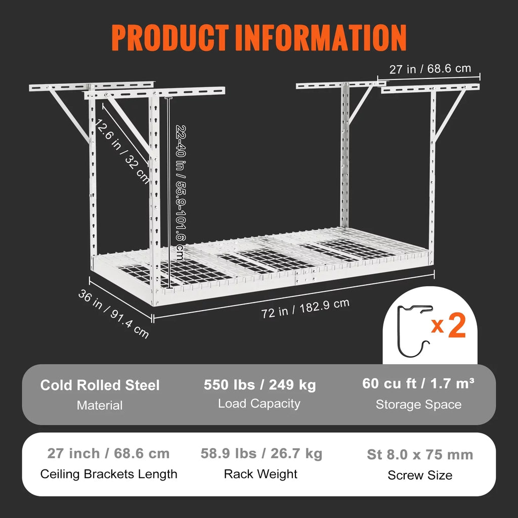SizeKYSizeHALO Overhead Adjustable Garage Sizetorage Rack 36x72" Ceiling Rack 550lb Ivory