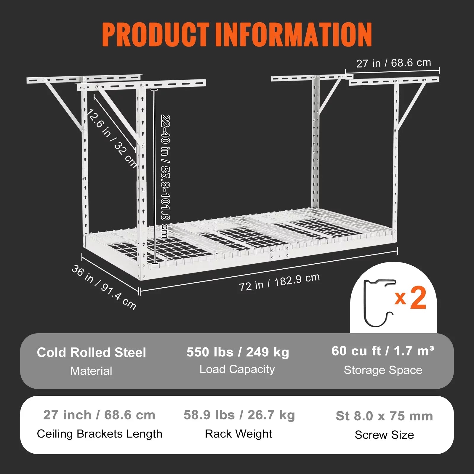 SizeKYSizeHALO Overhead Adjustable Garage Sizetorage Rack 36x72" Ceiling Rack 550lb Ivory