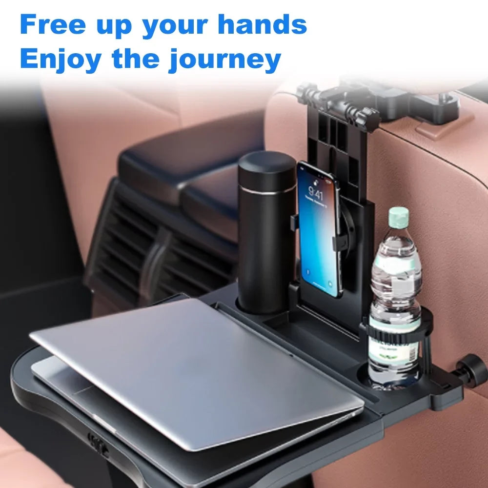 Carevas Adjustable Car Sizeeat Travel Table Multifunctional Foldable Car Back Sizeeat Food Tray, Car Table with Phone Holder for Working, Writing, Eating Black