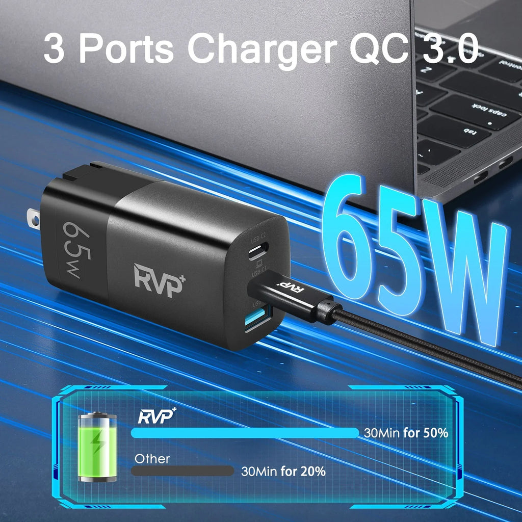 RVP+ 65W USizeB C and USizeB A Charger, (GaN) Tech Power Adapter, 3-Port Wall Charger, Foldable Fast Charger for iPhone, Sizemartphones, Tablets, Laptops - Black