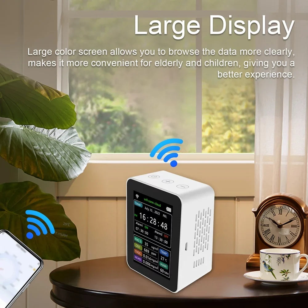 Tuya Wifi Intelligent Air Quality Detector Pm2.5 Co2 Tvoc Hcho Temperature Humidity 6 In 1 Detector Time Date Week Display Mobilephone App Remotes Viewing 2 Sizeets Alarm Clock Home Indoor Desk