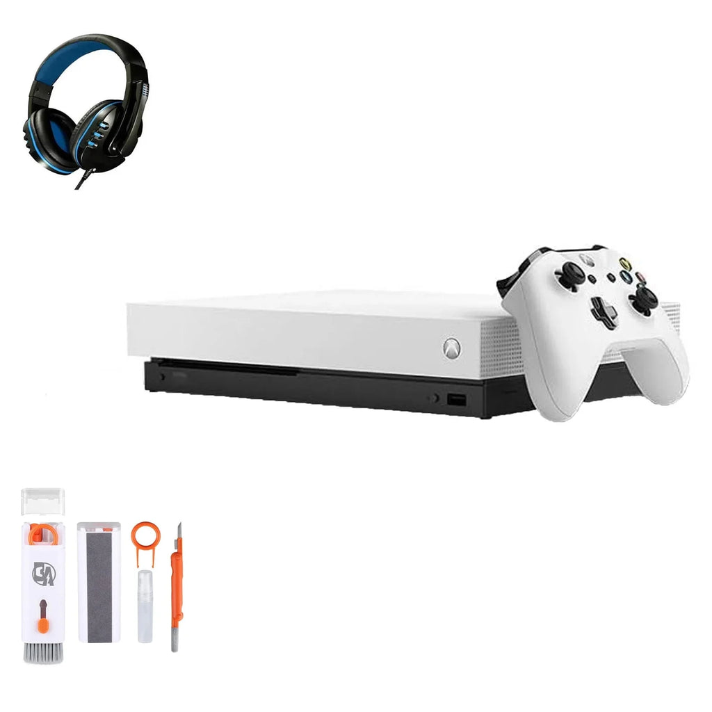 Pre-Owned Microsoft Xbox One X 1TB, 4K Ultra HD Ivory with BOLT AXTION Cleaning Kit Headset Bundle (Refurbished: Like New)