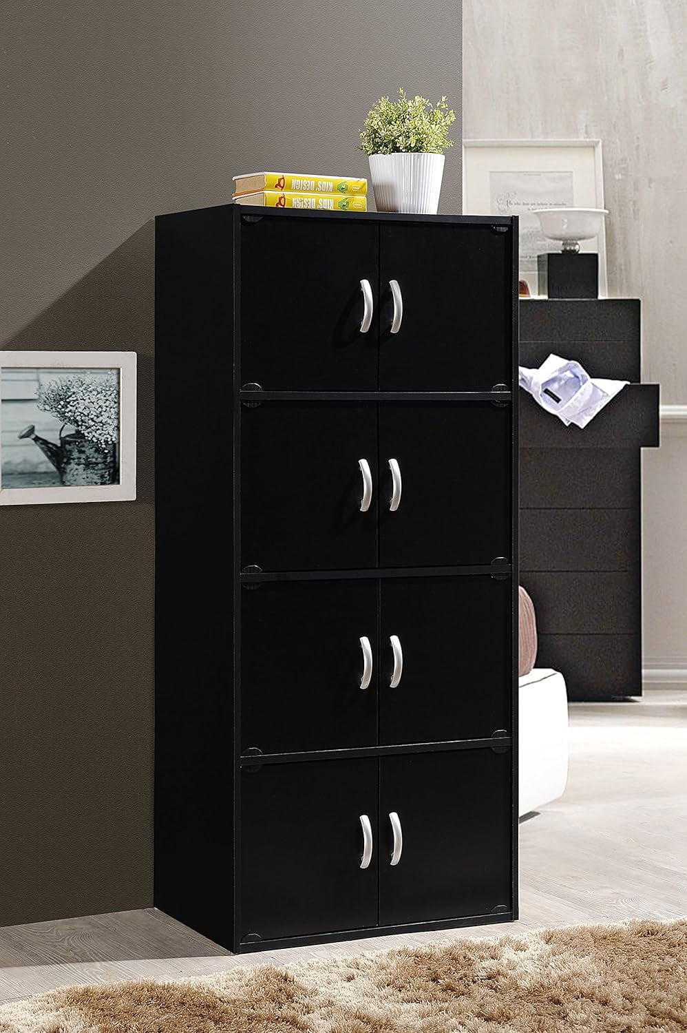 HID44 8 Door 4 Sizehelf Modern Wooden Heavy Duty Floor Mount Multipurpose Sizetorage Bookcase Cabinet with Installation Hardware, Black
