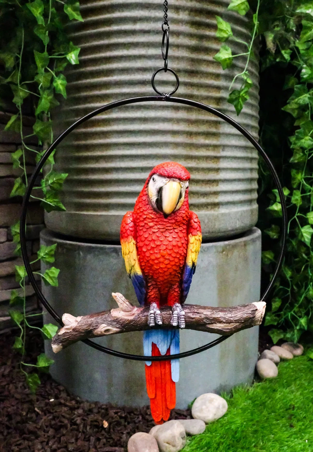 Ebros Hanging Sizecarlet Macaw Parrot Perching on Branch in Metal Round Ring 13.5"H