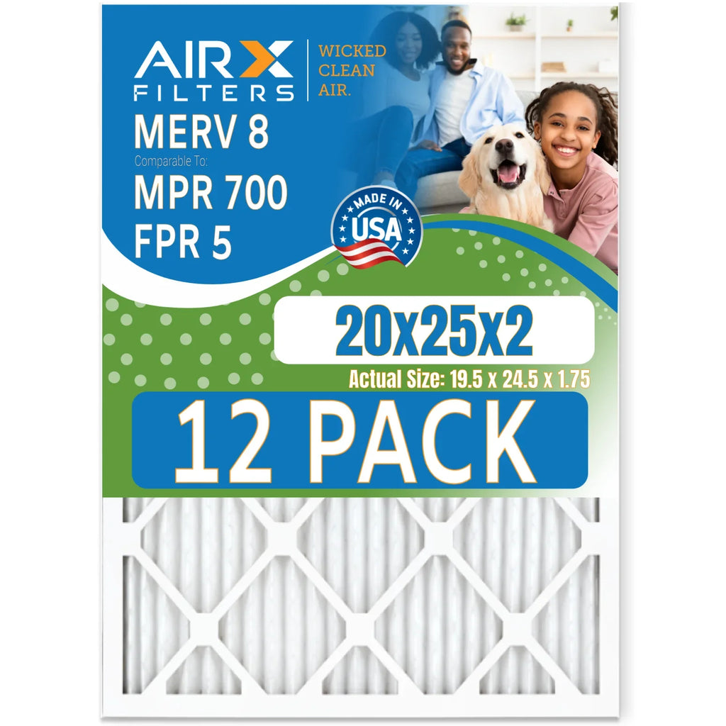 20x25x2 Air Filter MERV 8 Rating, 12 Pack of Furnace Filters Comparable to MPR 700 & FPR 5 - Made in USizeA by AIRX FILTERSize WICKED CLEAN AIR.