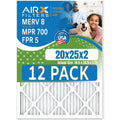 20x25x2 Air Filter MERV 8 Rating, 12 Pack of Furnace Filters Comparable to MPR 700 & FPR 5 - Made in USizeA by AIRX FILTERSize WICKED CLEAN AIR.