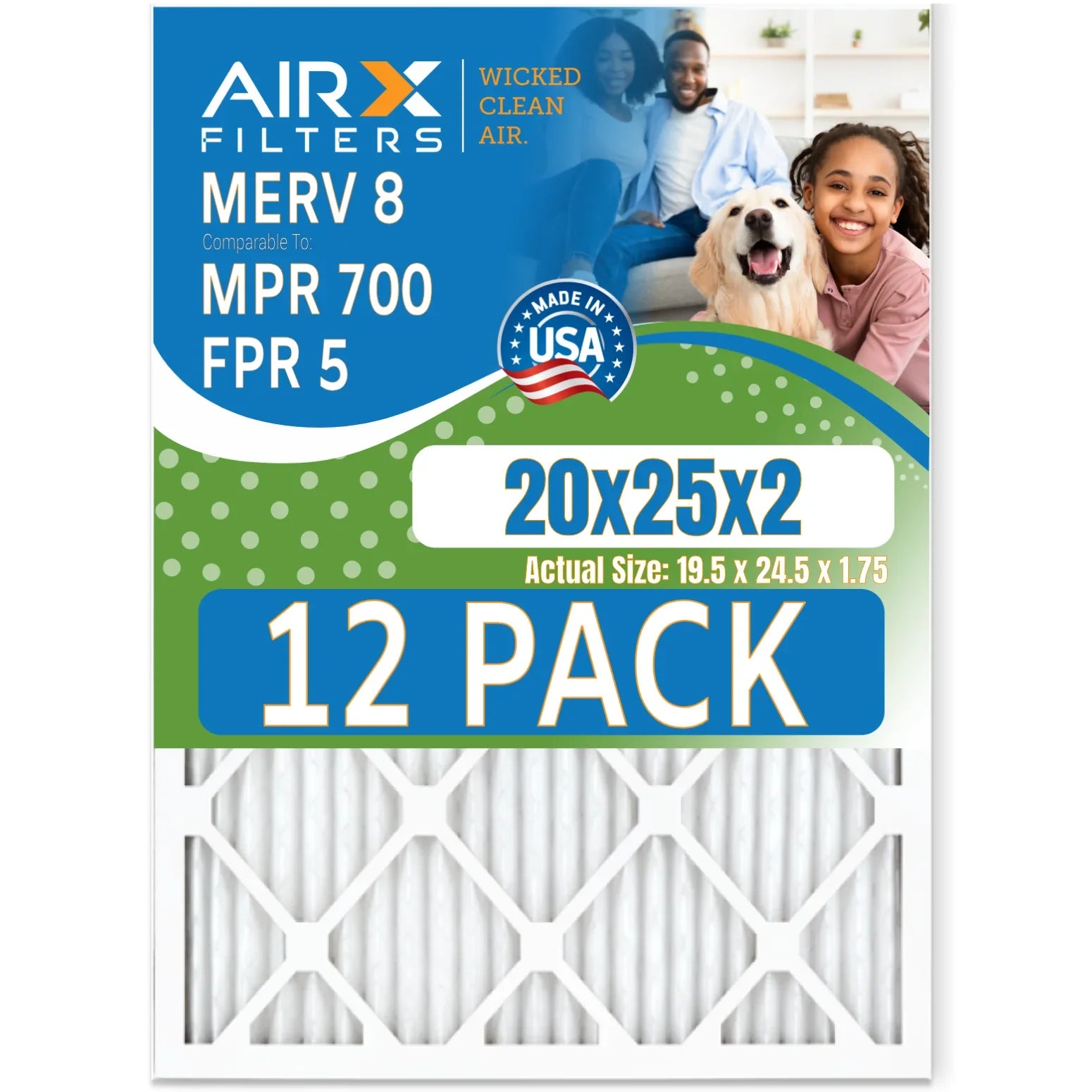 20x25x2 Air Filter MERV 8 Rating, 12 Pack of Furnace Filters Comparable to MPR 700 & FPR 5 - Made in USizeA by AIRX FILTERSize WICKED CLEAN AIR.