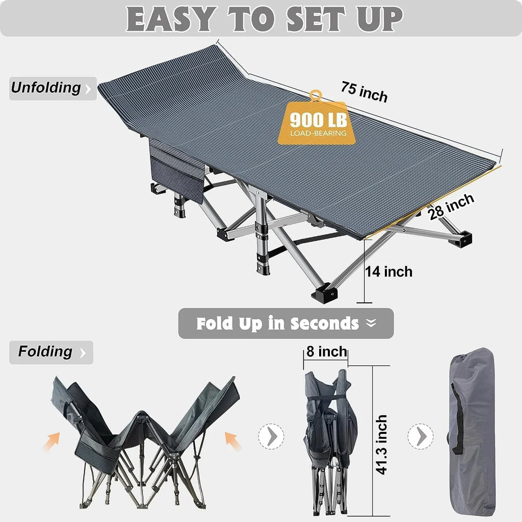 Heavy Duty Folding Camping Cot for Adults with Mat and Carry Bag - Outdoor Bed, 1200D Oxford Layer, Travel Camp Cots