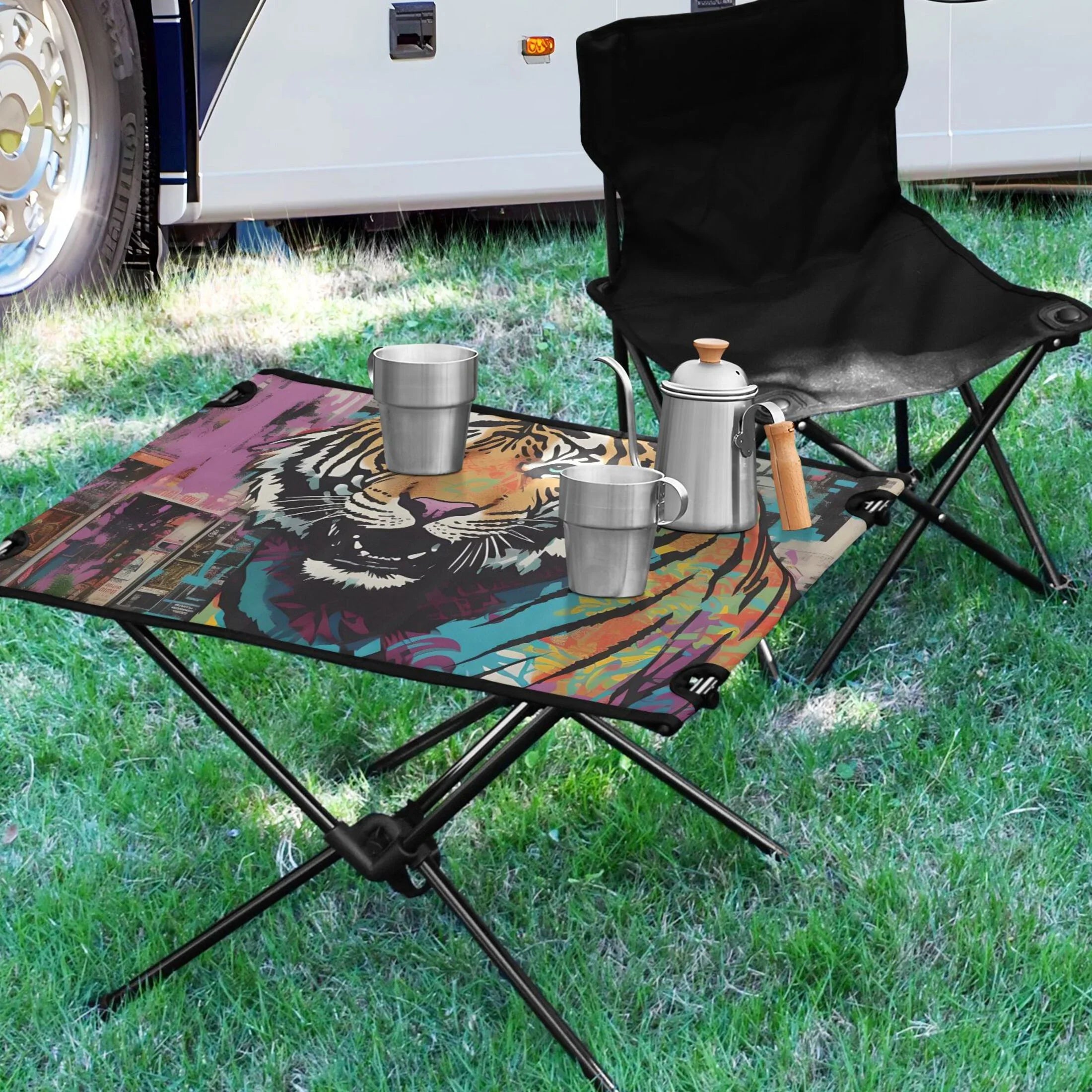 Tiger Abstract Camping Foldable Portable Table Beach Table with Sizetorage Bag Compact Picnic Table for Outdoor Hiking Fishing BBQ