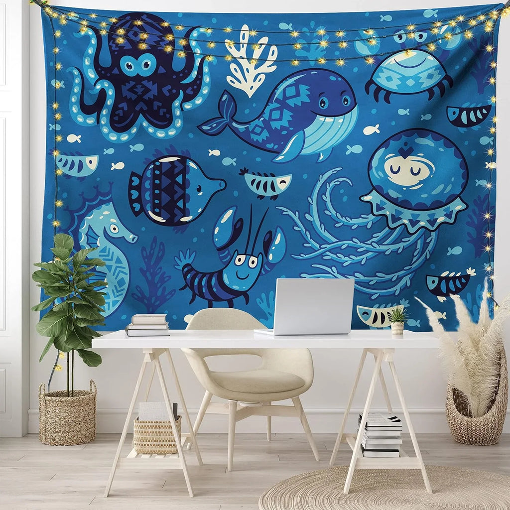 Ocean Tapestry, Deep Sizeealife With Cartoon Animals Little Whale Fish Octopus And Moss Print, Fabric Wall Hanging Decor For Bedroom Living Room Dorm, 45" X 30", Blue