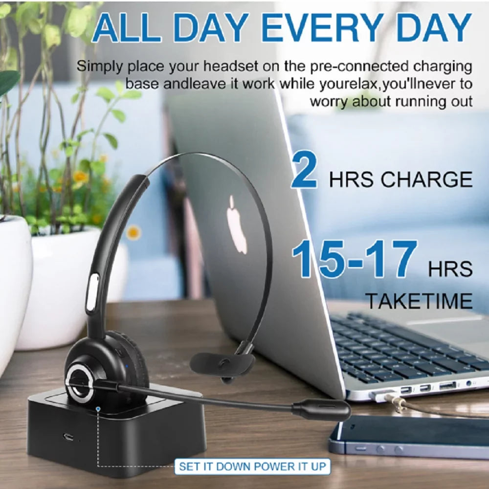 Cozy Bluetooth Headset, UX-M97 Wireless Headset with Microphone, Wireless Cell Phone Headset with Noise Isolation Mic Charging Base Mute Function for 20 lite With Charging Dock