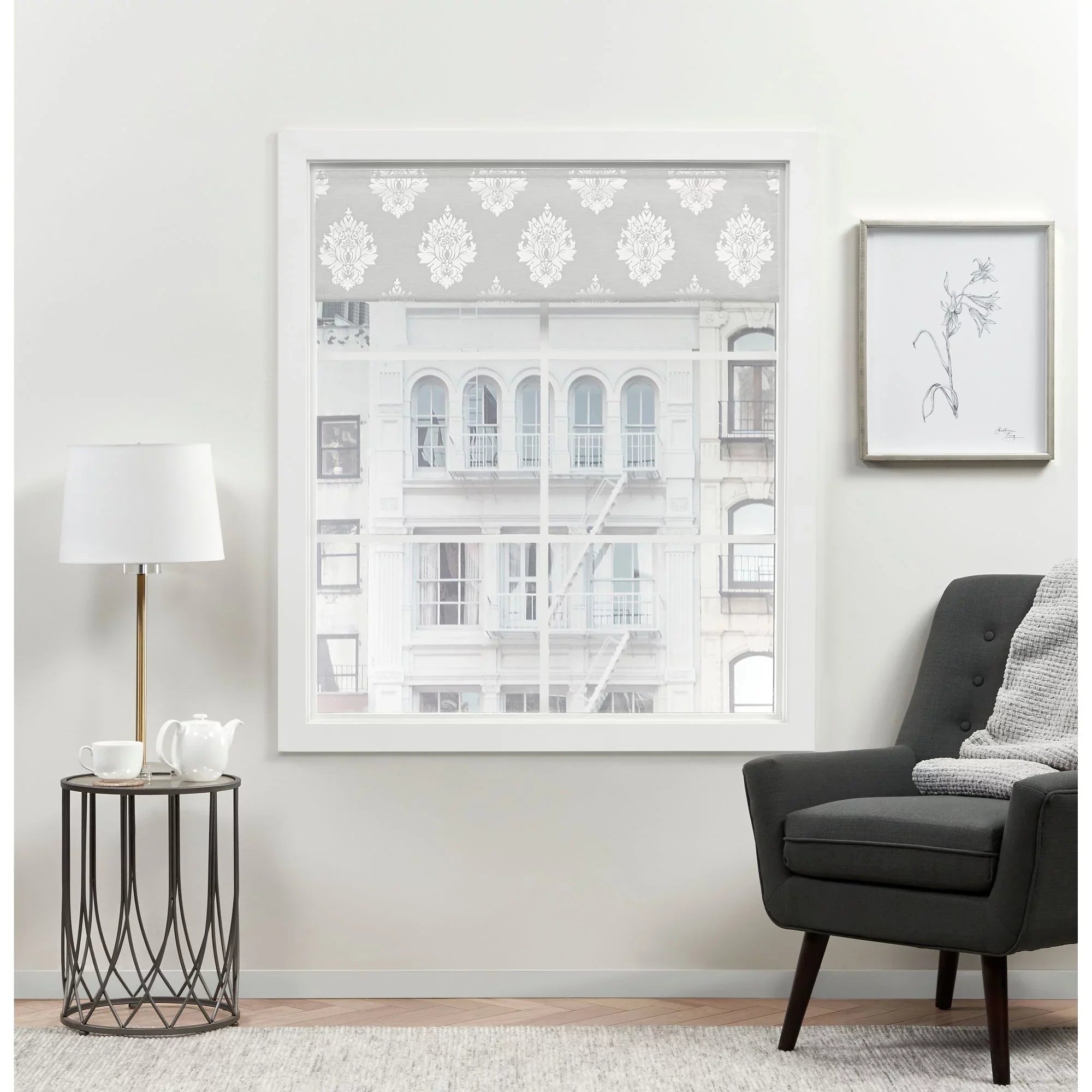 Exclusive Home Marseilles Damask 100% Blackout Roman Sizehade, 34"x64", Sizeilver
