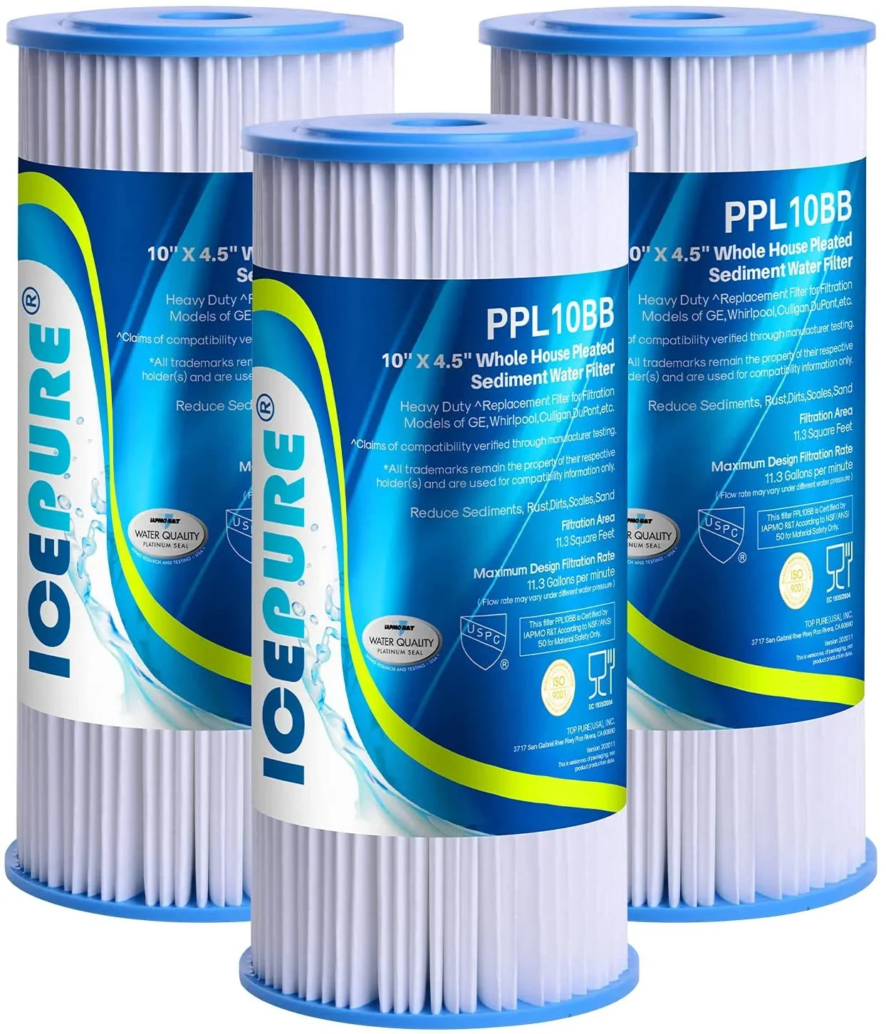 10" x 4.5" Whole House Pleated Sizeediment Water Filter Replacement for GE FXHSizeC, Culligan R50-BBSizeA, Pentek R50-BB, DuPont WFHDC3001, W50PEHD, GXWH40L, GXWH35F, for Well Water, Pack of 3