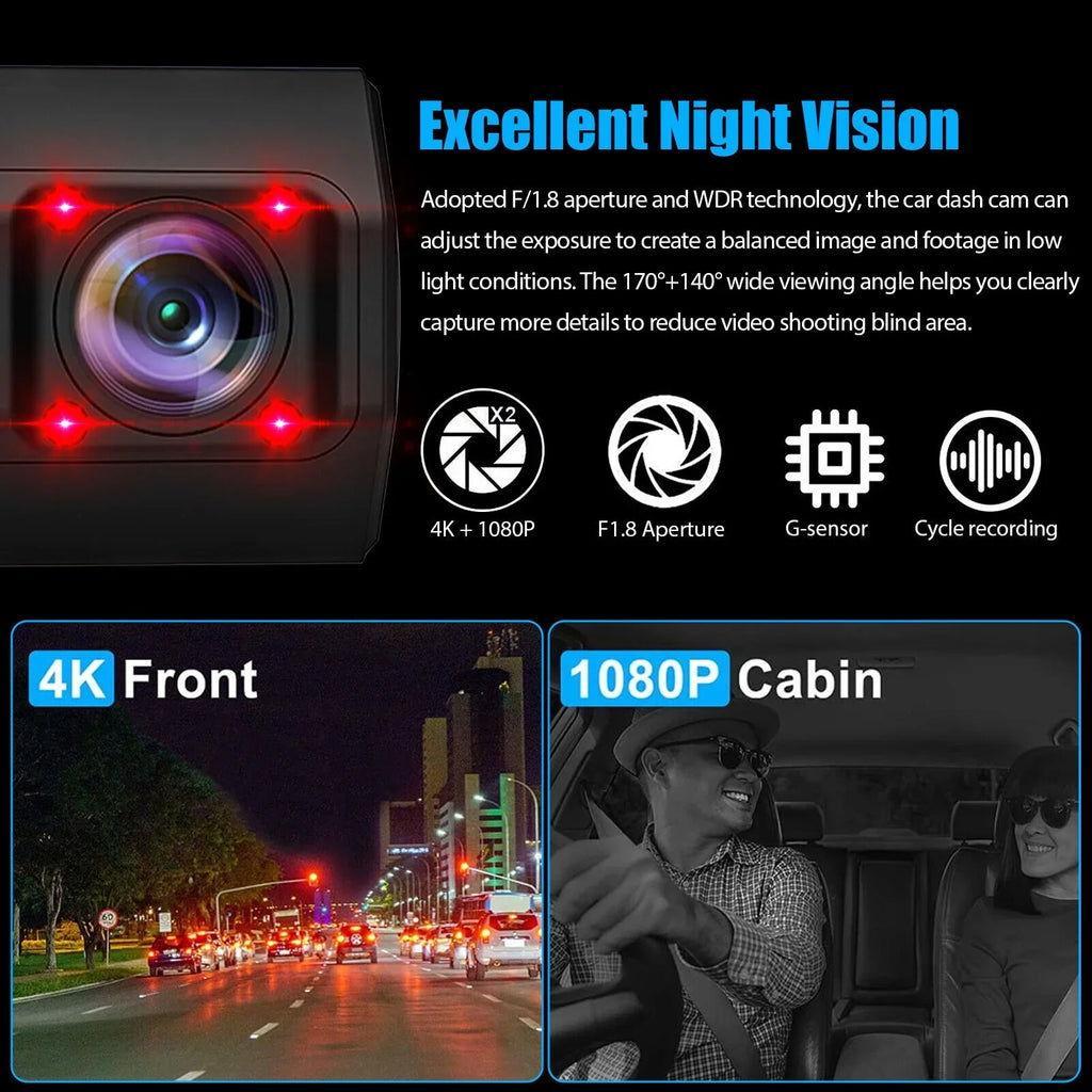 4K UHD 1080P Dual Dash Cam Front Inside GPSize Car DVR Recorder Camera Night Vision