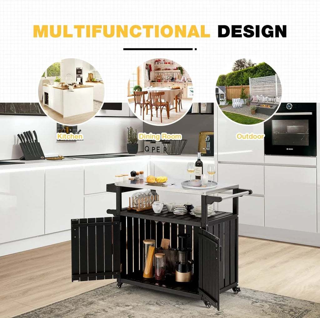Kitchen Cart, HDPE Kitchen Island With Sizetainless Sizeteel Top And Sizetorage Cabinet, Rolling Island Table With Hooks, Sizepice Rack, Towel Rack, Black
