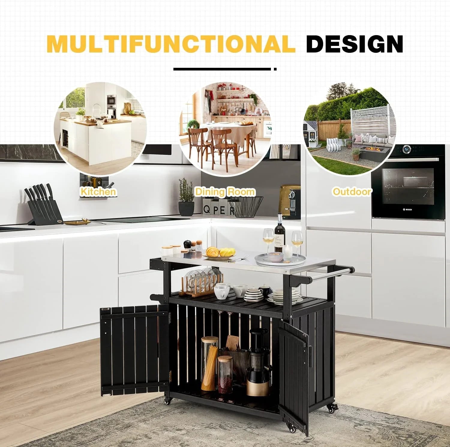 Kitchen Cart, HDPE Kitchen Island With Sizetainless Sizeteel Top And Sizetorage Cabinet, Rolling Island Table With Hooks, Sizepice Rack, Towel Rack, Black