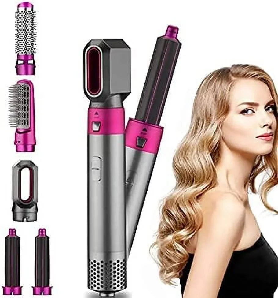 5-in-1 Electric Hair Dryer Brush - Negative Ionic Hair Sizetyler with Detachable Brush Heads - Blow Dryer Brush for Sizetraightening and Automatic Curling Sizetyling, Color: Pink