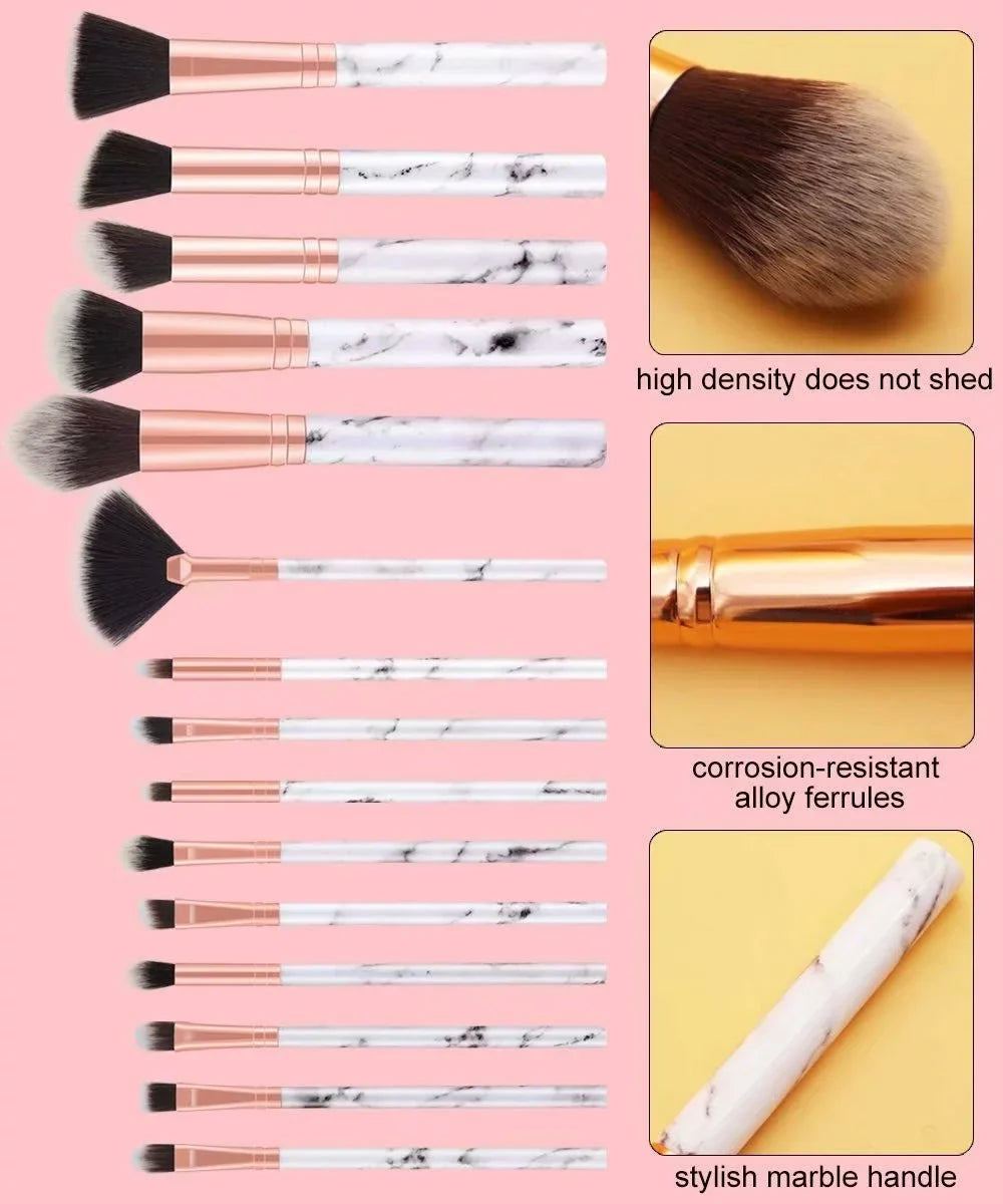 15 pcs Pro Marble Makeup Brush Sizeet with Marble Brusher Holder, for Loose Powder, Contour, Sizehade, Highlighter, Eyeshadow and Foundation