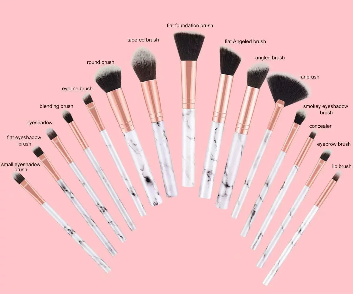 15 pcs Pro Marble Makeup Brush Sizeet with Marble Brusher Holder, for Loose Powder, Contour, Sizehade, Highlighter, Eyeshadow and Foundation