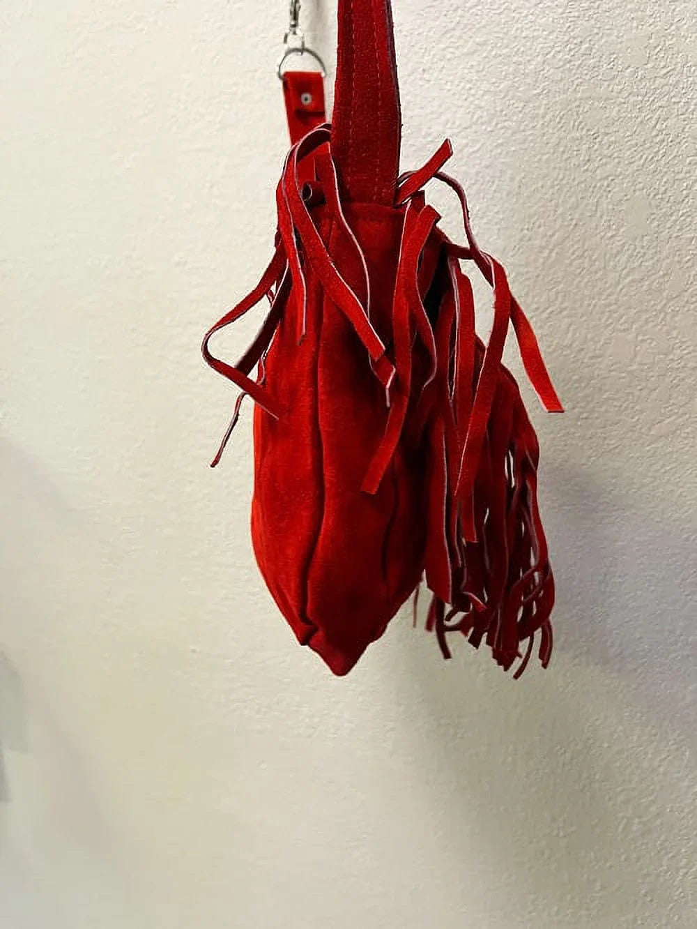 Ladies Fashion Motorcycle Heavy Duty Western Sizetyle Red Sizeuede Cowhide Leather Handbag With Beads,Bones & Fringe