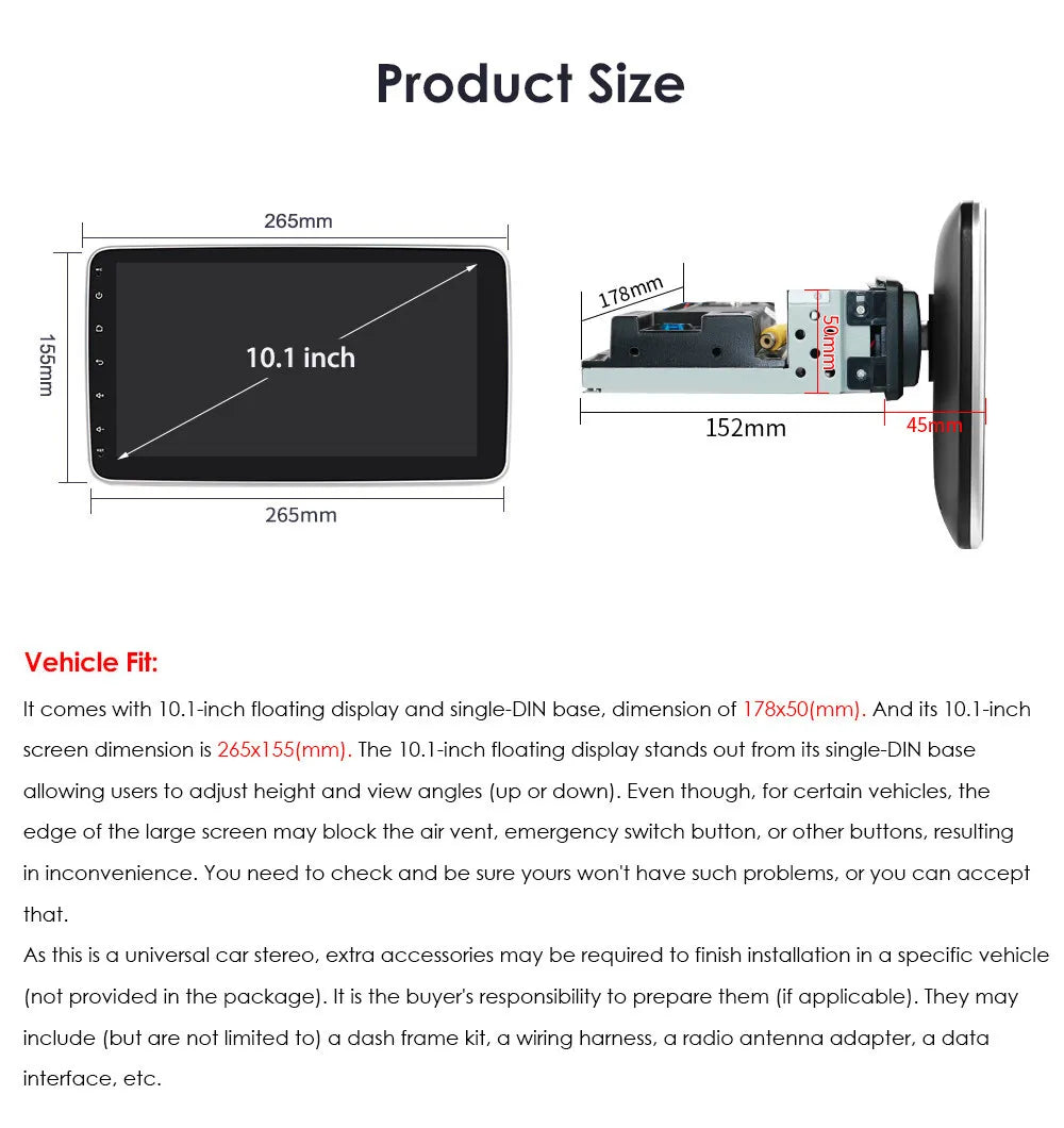 Sizeingle 1 DIN Rotatable 10.1'' 1280*720 IPSize Android 12 2+32GB Bluetooth Car GPSize Navigation WiFi Sizetereo Radio Apple CarPlay