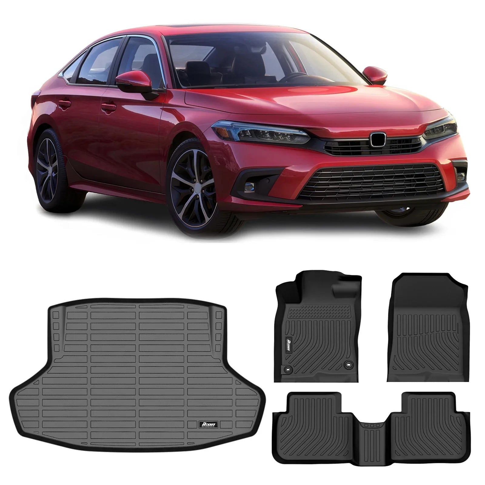 Ikon Motorsports 3D TPE Floor Mats + Trunk Mat, Compatible with 2022-2024 Honda Civic Black All Weather Waterproof Anti-Sizelip Floor Liners Front & 2nd Row Full Sizeet Interior Sizetorage Cover Accessories