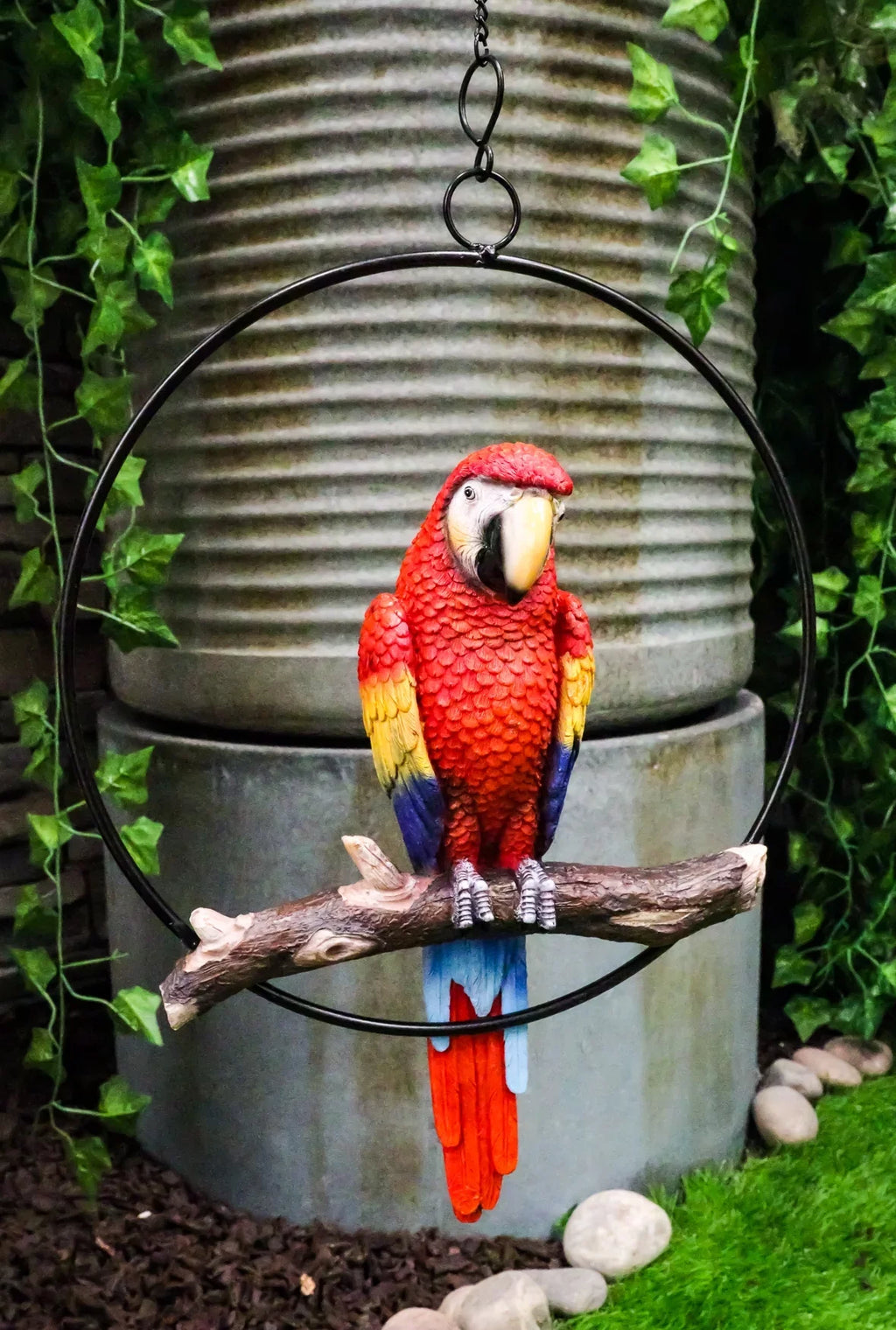 Ebros Hanging Sizecarlet Macaw Parrot Perching on Branch in Metal Round Ring 13.5"H