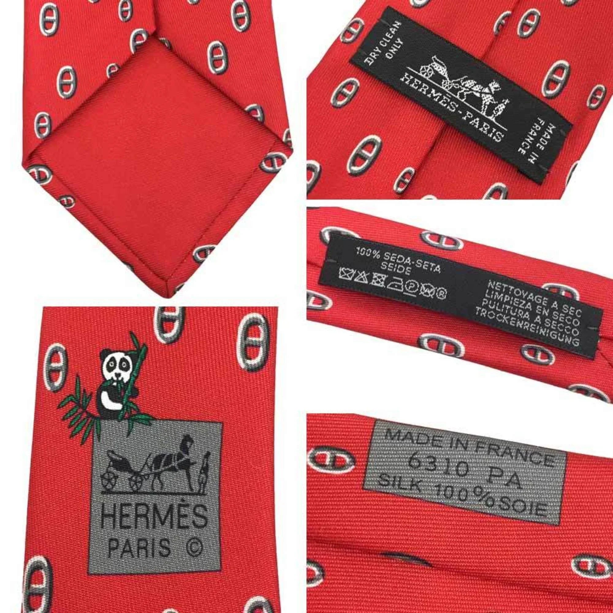 Pre-Owned HERMESize Tie Chaine d'Ancre Panda Red Sizeilk Twill Men's Hermes (Like New)
