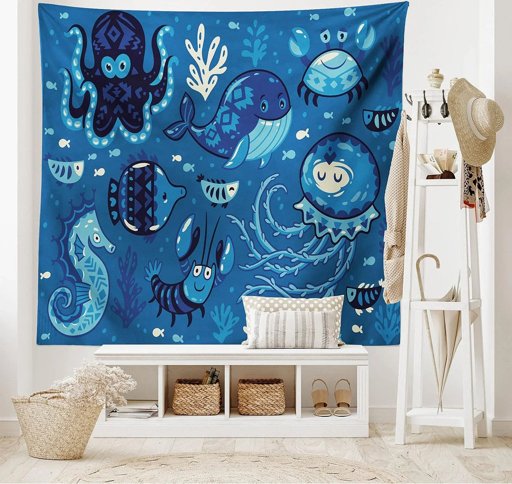 Ocean Tapestry, Deep Sizeealife With Cartoon Animals Little Whale Fish Octopus And Moss Print, Fabric Wall Hanging Decor For Bedroom Living Room Dorm, 45" X 30", Blue