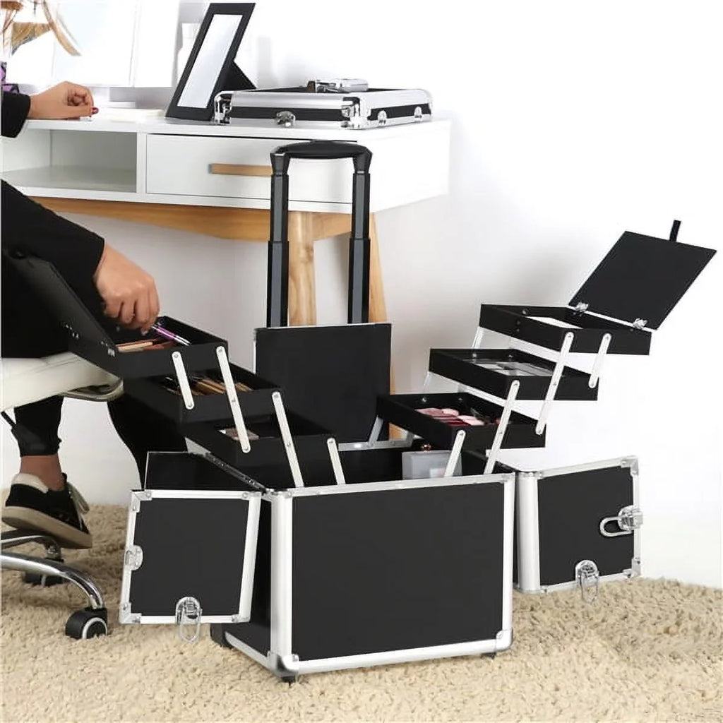 Alden Design Rolling Makeup Case Trolley with Wheels, Mirror, & Retractable Trays, Black