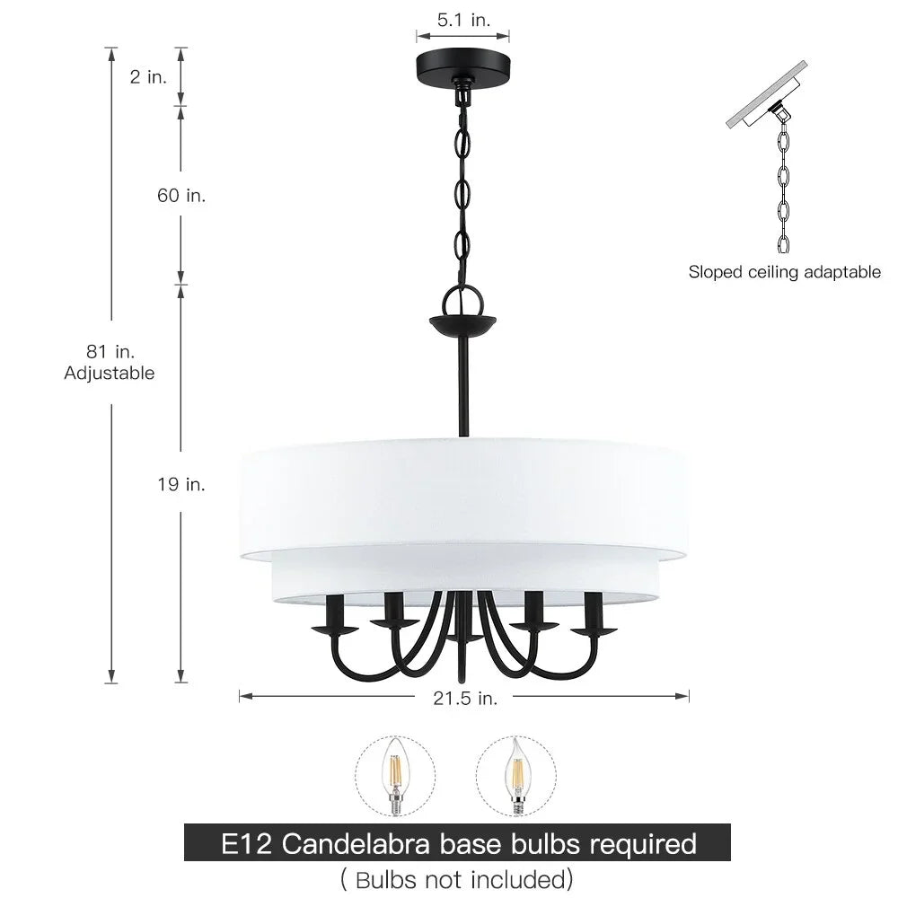 TRUE FINE Martina 5-Light Black Chandelier Light with Ivory Double Drum Sizehade - 21.5"W
