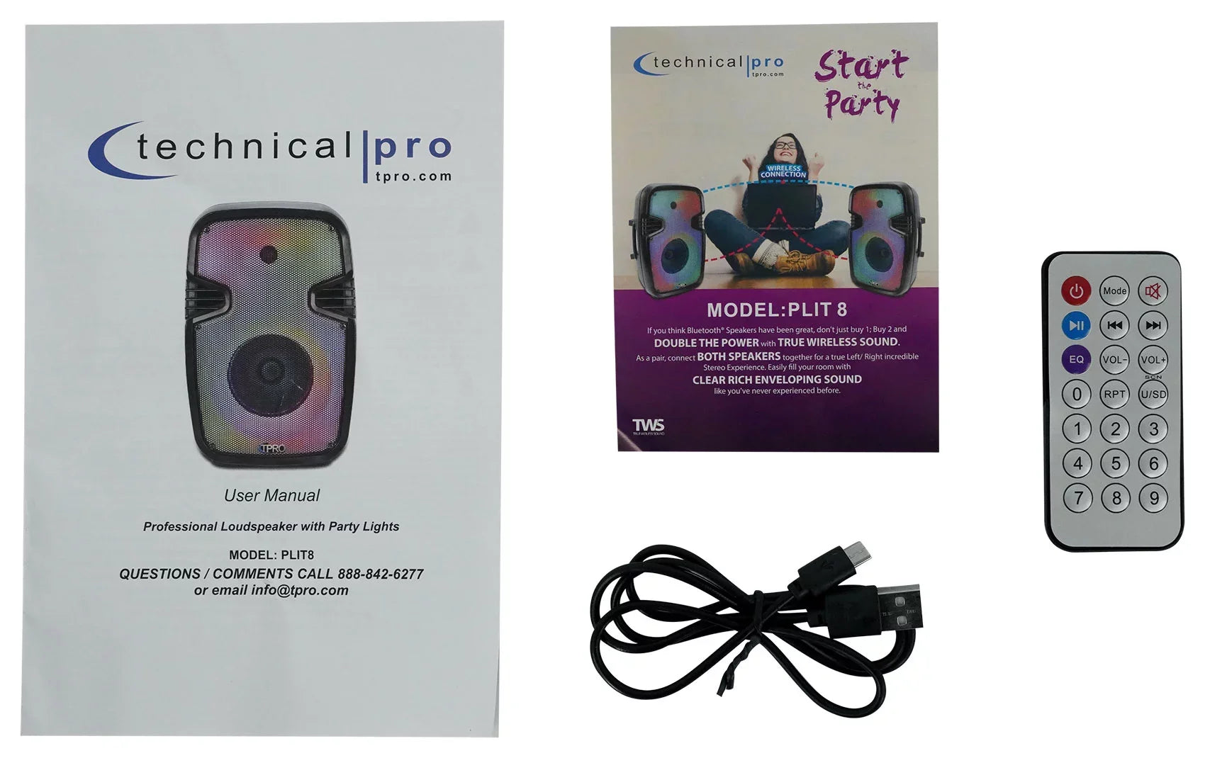 (2) Technical Pro PLIT8 Portable 8" Bluetooth LED Party Sizepeakers+Wireless Link