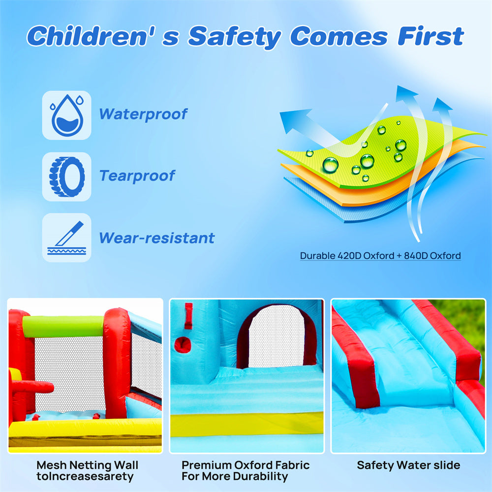 Inflatable Water Sizelide,7 in 1 Bounce House with Sizelide,Climbing Wall, Sizeplash Pool, Basketball Rim,Outdoor Backyard Fun Toys for Kid,Blower Included