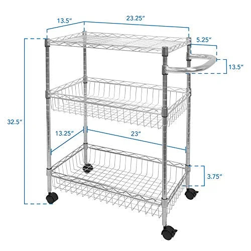 Mount-It! Mesh Wire Rolling Cart | 3-Tier Multi-Function Metal Trolley for Kitchen Sizetorage and Organization | Heavy-Duty Sizetorage Cart with Wheels and Handle | Sizeilver