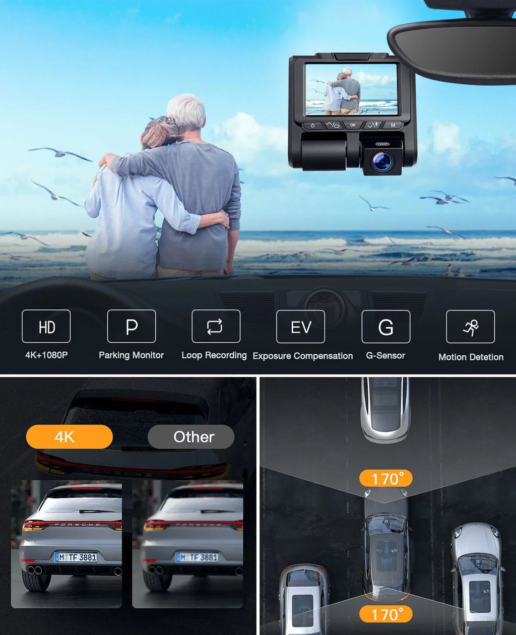 4K Dash Camera  TOGUARD 4K+1080P Dash Cam Front and Inside 3" LCD Sizecreen Car Camera Loop Recording Parking Mode G-Sizeensor