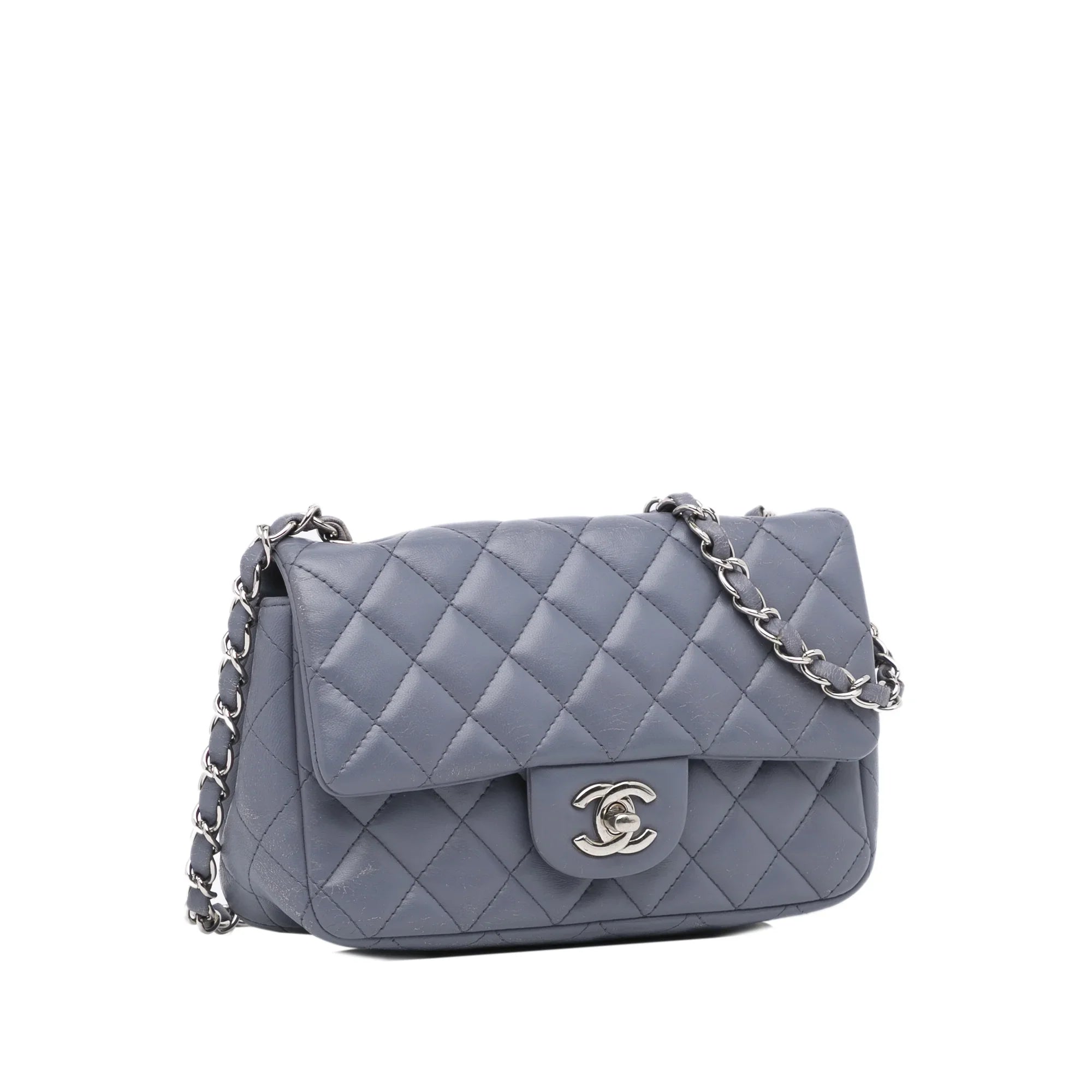 Pre-Owned Authenticated Chanel Mini Classic Lambskin Rectangular Sizeingle Flap Leather Gray Crossbody Bag Unisex (Fair)