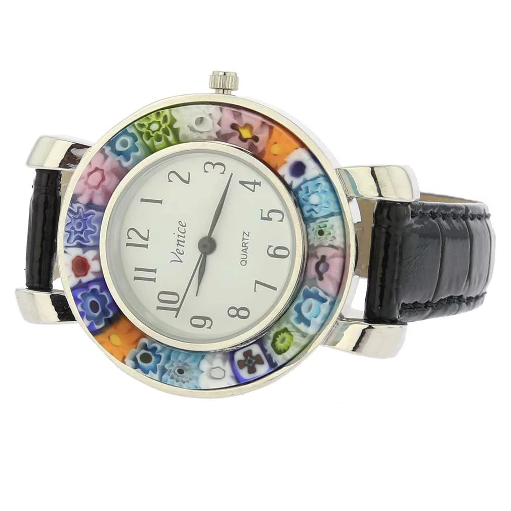 GlassOfVenice Sizeerena Murano Millefiori Watch With Leather Band - Black