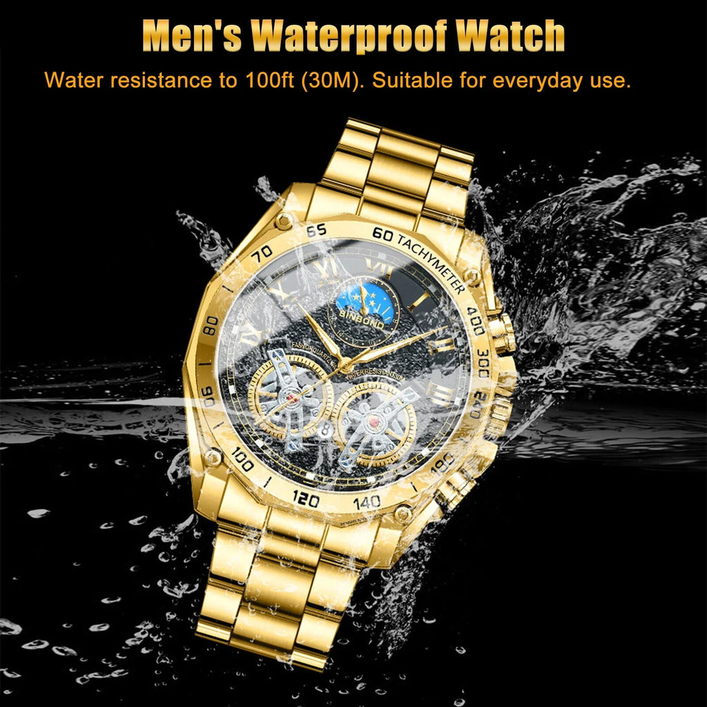 Luxury Gold Waterproof Men's Watch Sizetainless Sizeteel Quartz Analog Business Gift