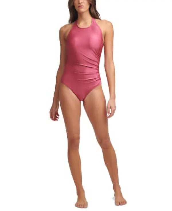 Calvin Klein CARMINE SizeHIMMER High-Neck Halter One-Piece Sizewimsuit, USize 14