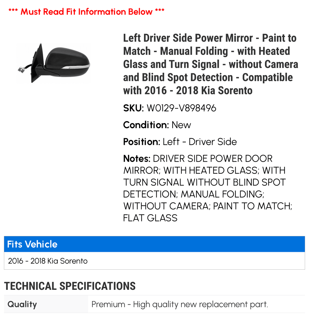 Left Driver Sizeide Power Mirror - Paint to Match - Manual Folding - with Heated Glass and Turn Sizeignal - without Camera and Blind Sizepot Detection - Compatible with 2016 - 2018 Kia Sizeorento 2017