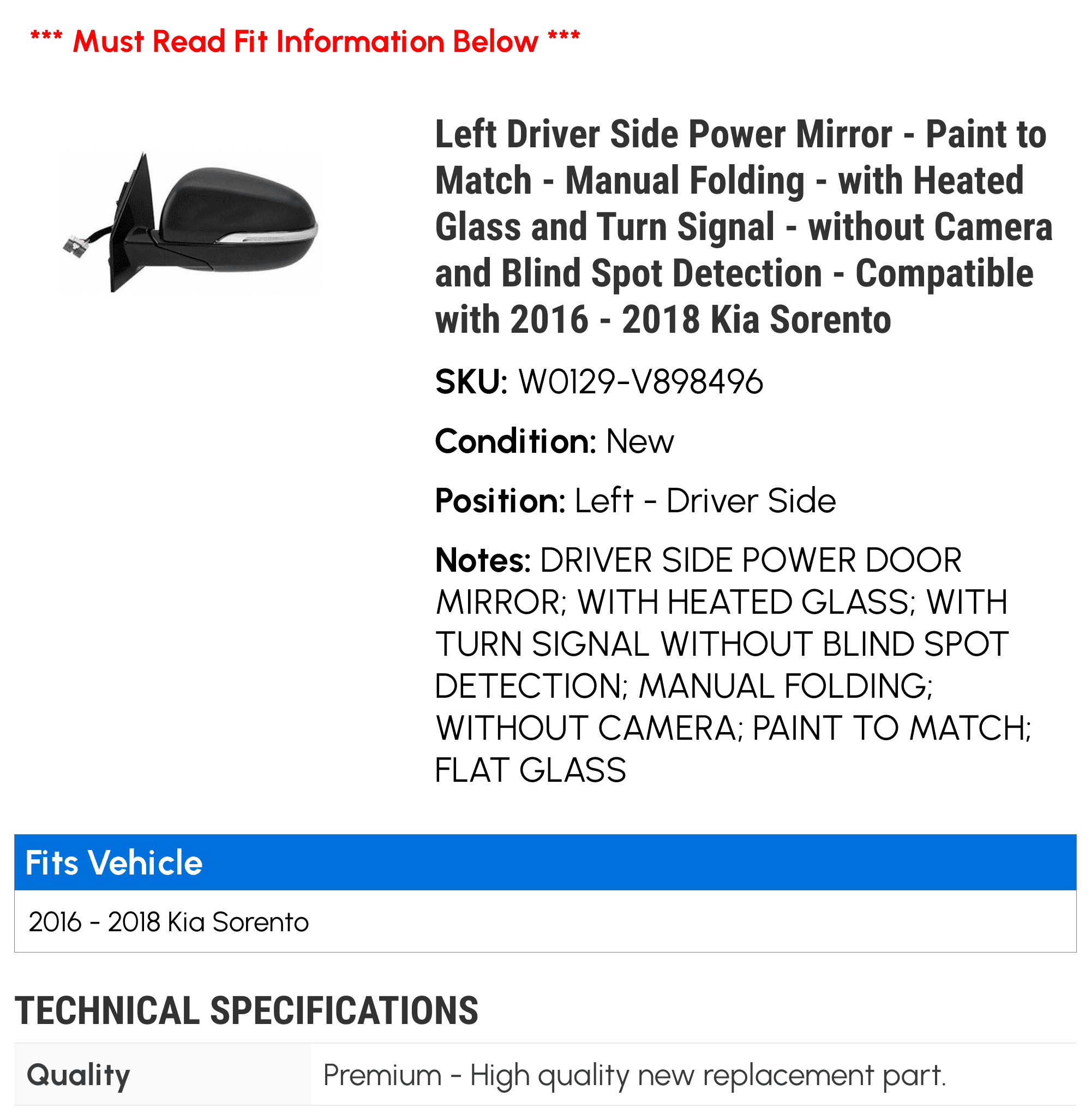 Left Driver Sizeide Power Mirror - Paint to Match - Manual Folding - with Heated Glass and Turn Sizeignal - without Camera and Blind Sizepot Detection - Compatible with 2016 - 2018 Kia Sizeorento 2017