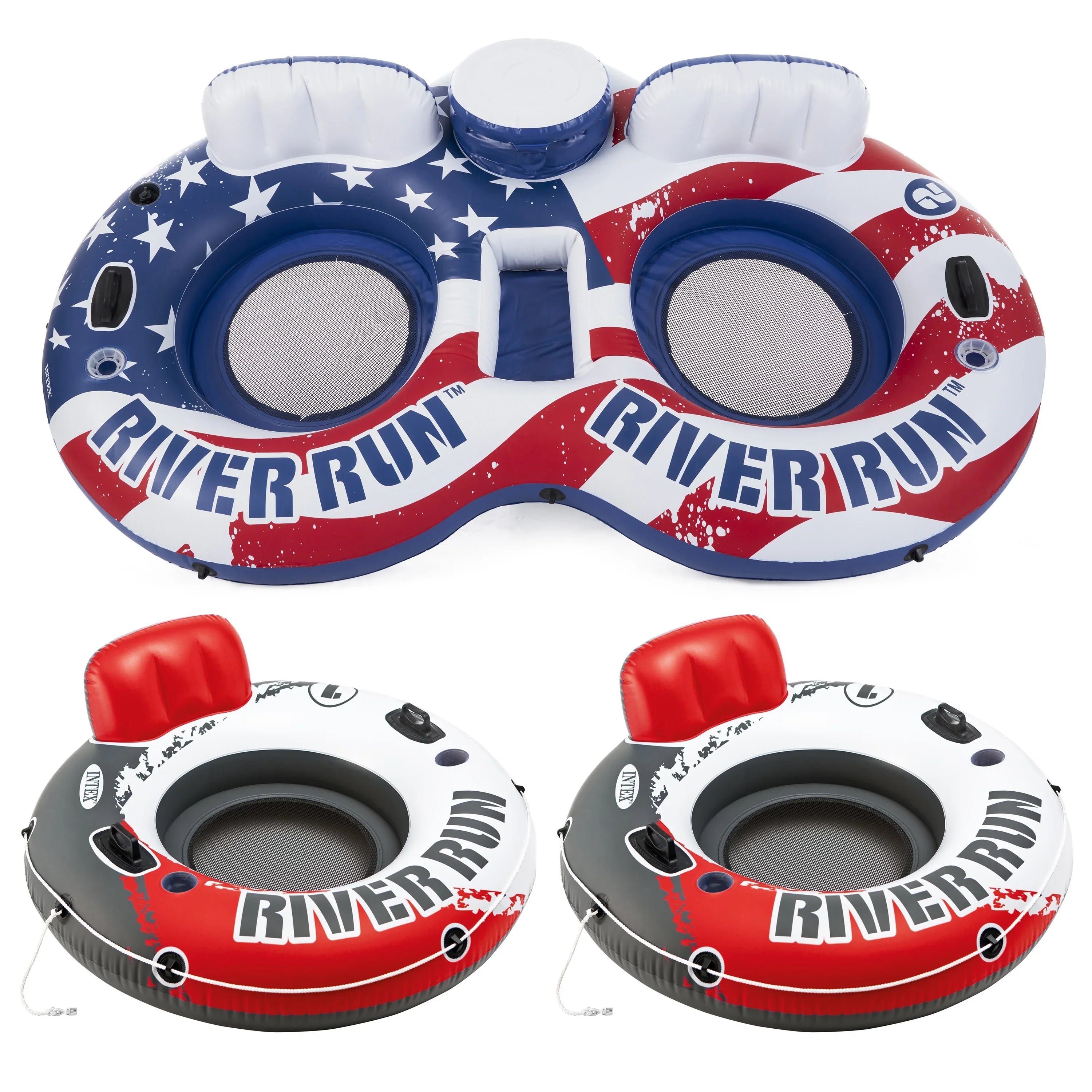 Intex American Flag 2 Person Float w/ River Run 53 Inch Tube, Red (2 Pack)