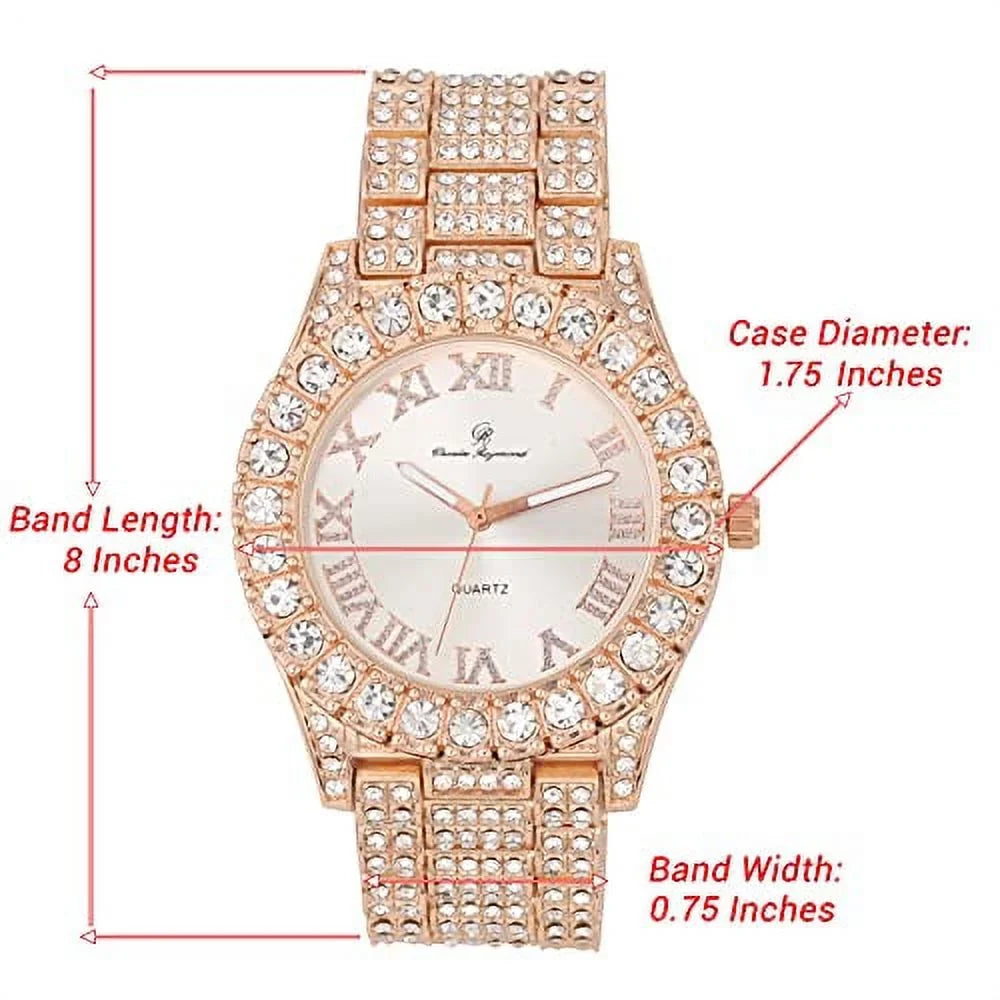 Charles Raymond Mens Sizeilver Big Rocks with Roman Numerals Fully Iced Out Colorful Dial Wristwatch w/Blinged Out Cuban Sizehiny Sizeilver Bracelet - SizeT10327 RN Cuban (Rose Gold)