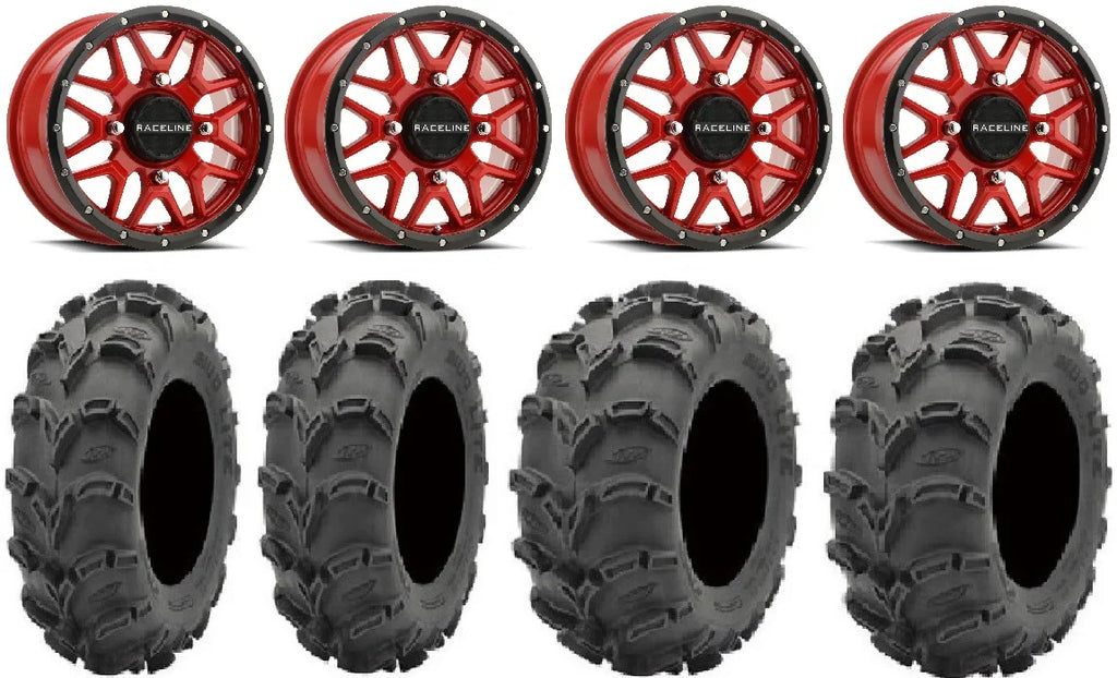 Raceline Krank 14" Red Wheels 28" Mud Lite XL Tires Polaris RZR XP 1000 / PRO XP / Ranger XP 900/1000
