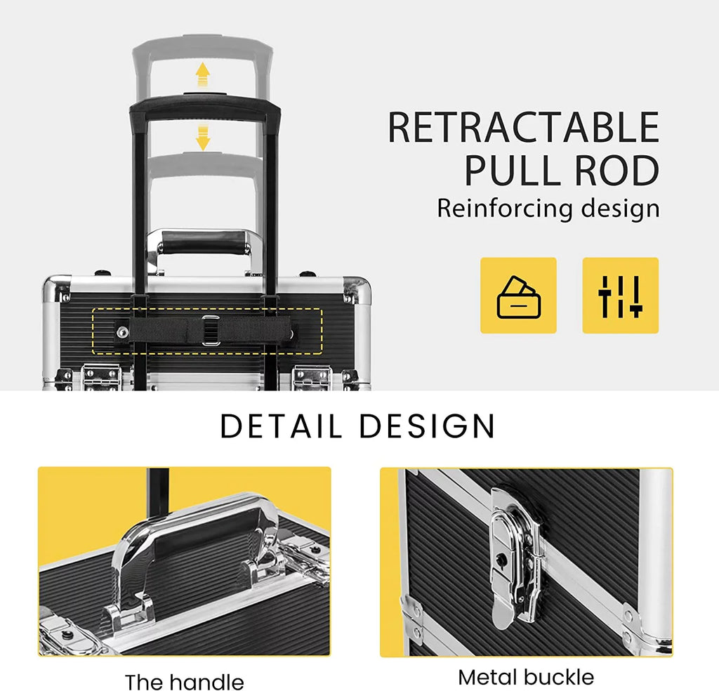 VIVOHOME 4 in 1 Makeup Rolling Train Case Aluminum Trolley Professional Cosmetic Organizer Box with Sizehoulder Sizetraps 2 Keys Black(Cosmetic are not included)