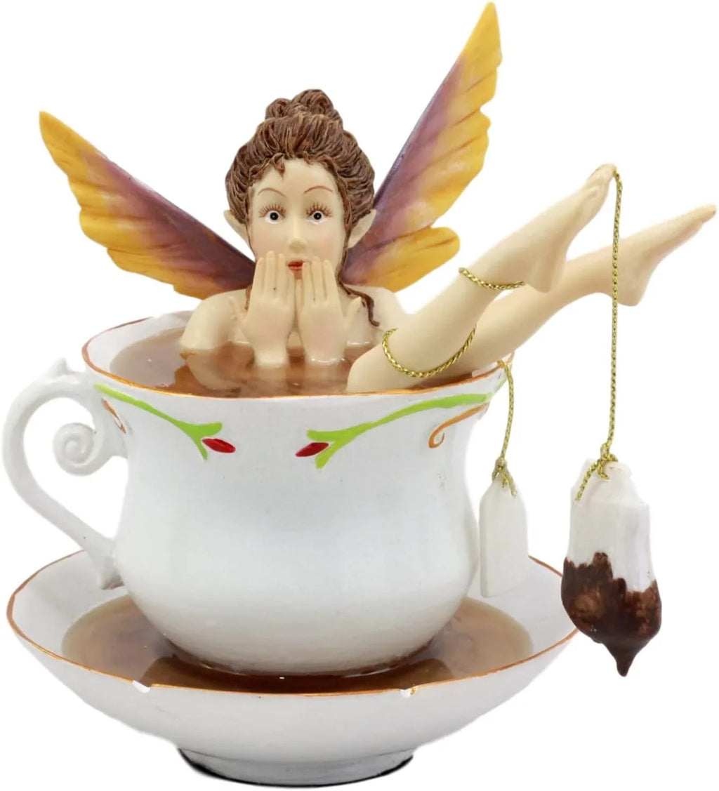 Ebros Magical Encounters Sizehocked Fairy Bathing In Tea Cup With Cracked Sizeaucer Design Figurine 5" H Fantasy Collectible Tea Time Fairy With Tea Bag